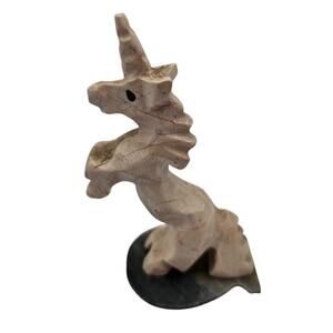 Vintage Hand Carved Stone Unicorn Figurine Primitive Rearing Tan w/ Base